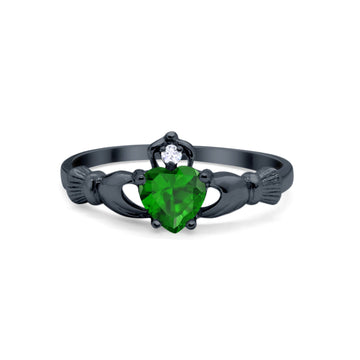 Claddagh Heart Promise Ring Simulated Green Emerald Black Tone 925 Sterling Silver